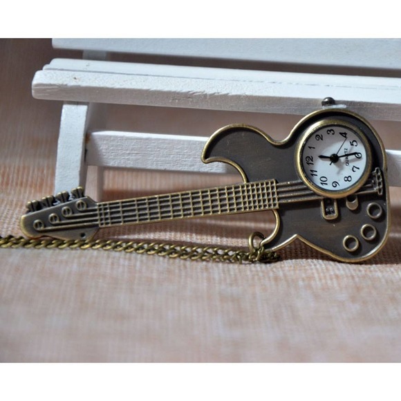 Guitar Pendant Watch NEW Gift Guitarist Player Pocket Necklace Fender Vintage - Picture 2 of 3
